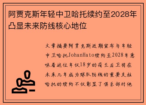 阿贾克斯年轻中卫哈托续约至2028年凸显未来防线核心地位